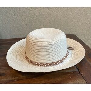 Pistil Straw Sun Hat Wide Brim Woven Beige Braided Band Summer Beach Boho